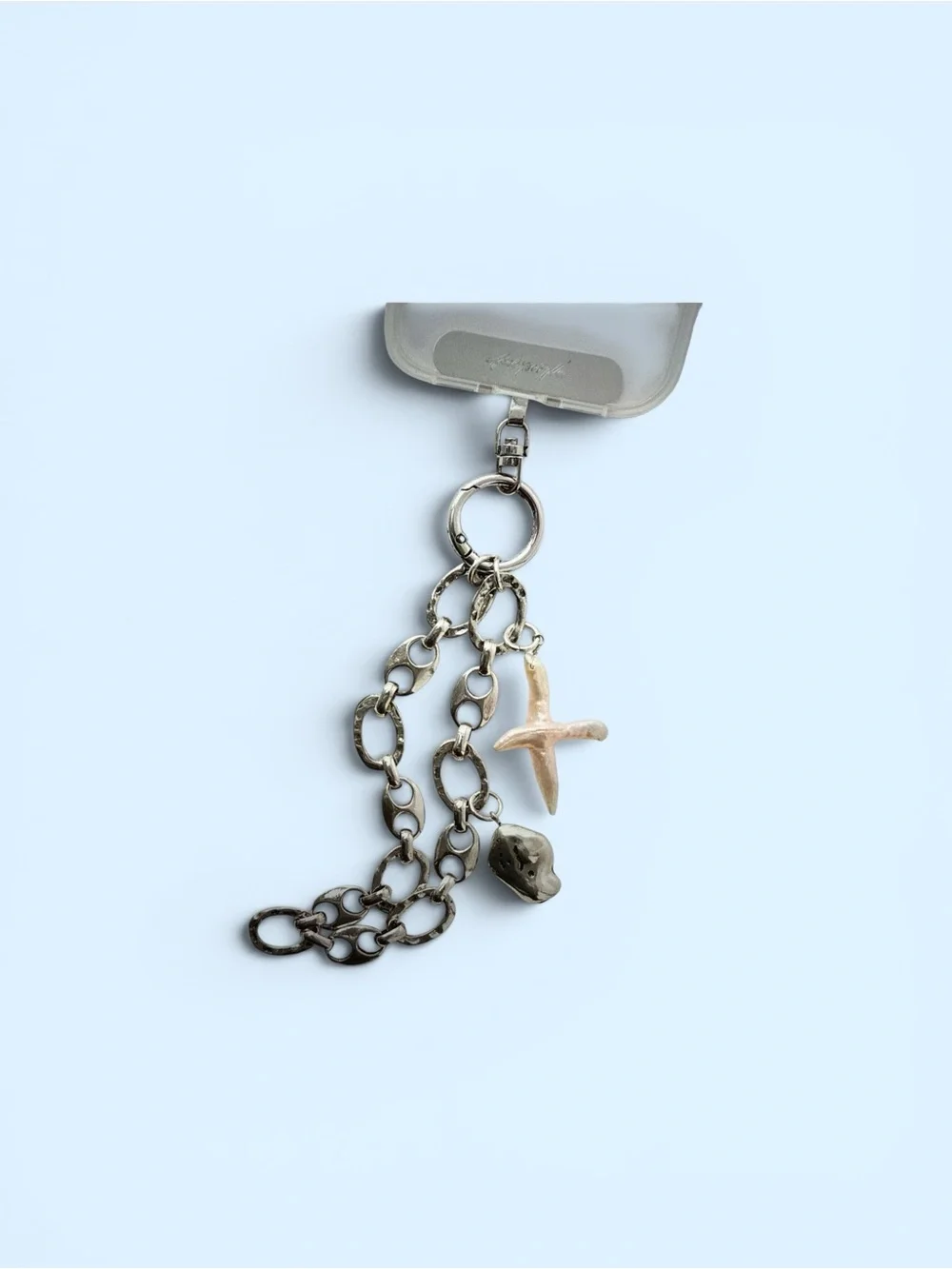 Free People Silver Chain Phone Charm with Pearl Cross